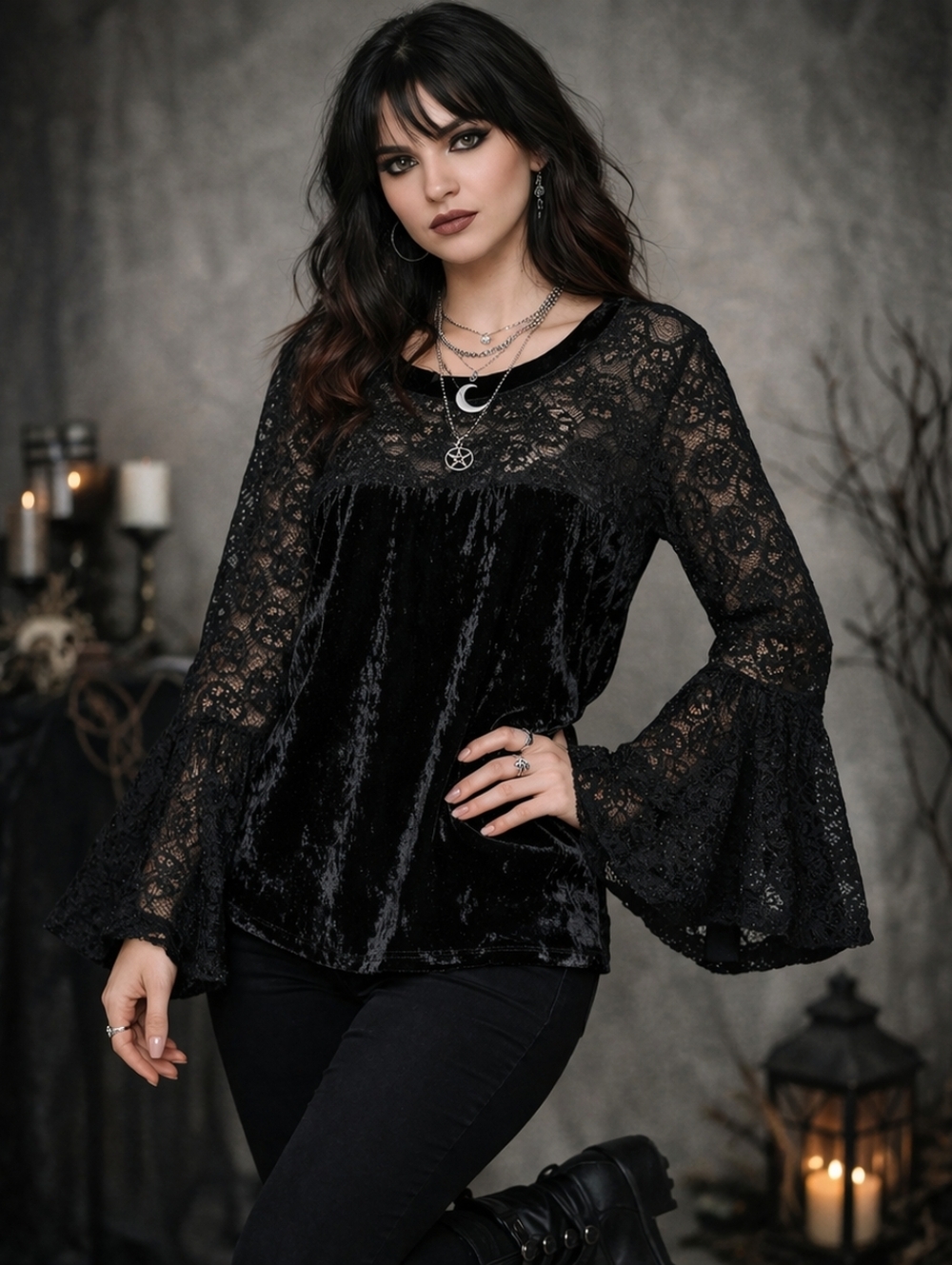 Whimsigoth Black Velvet Lace Top Bell Sleeve Gothic Fairycore Witchy Blouse